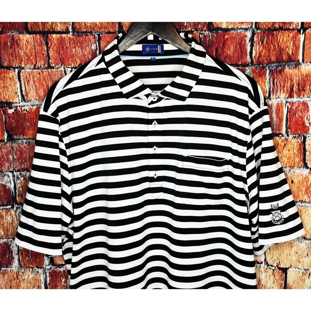 Stitch XL White Black Striped Stretch Short Sleeve Golf Polo Shirt Carpe Diem - Picture 1 of 6